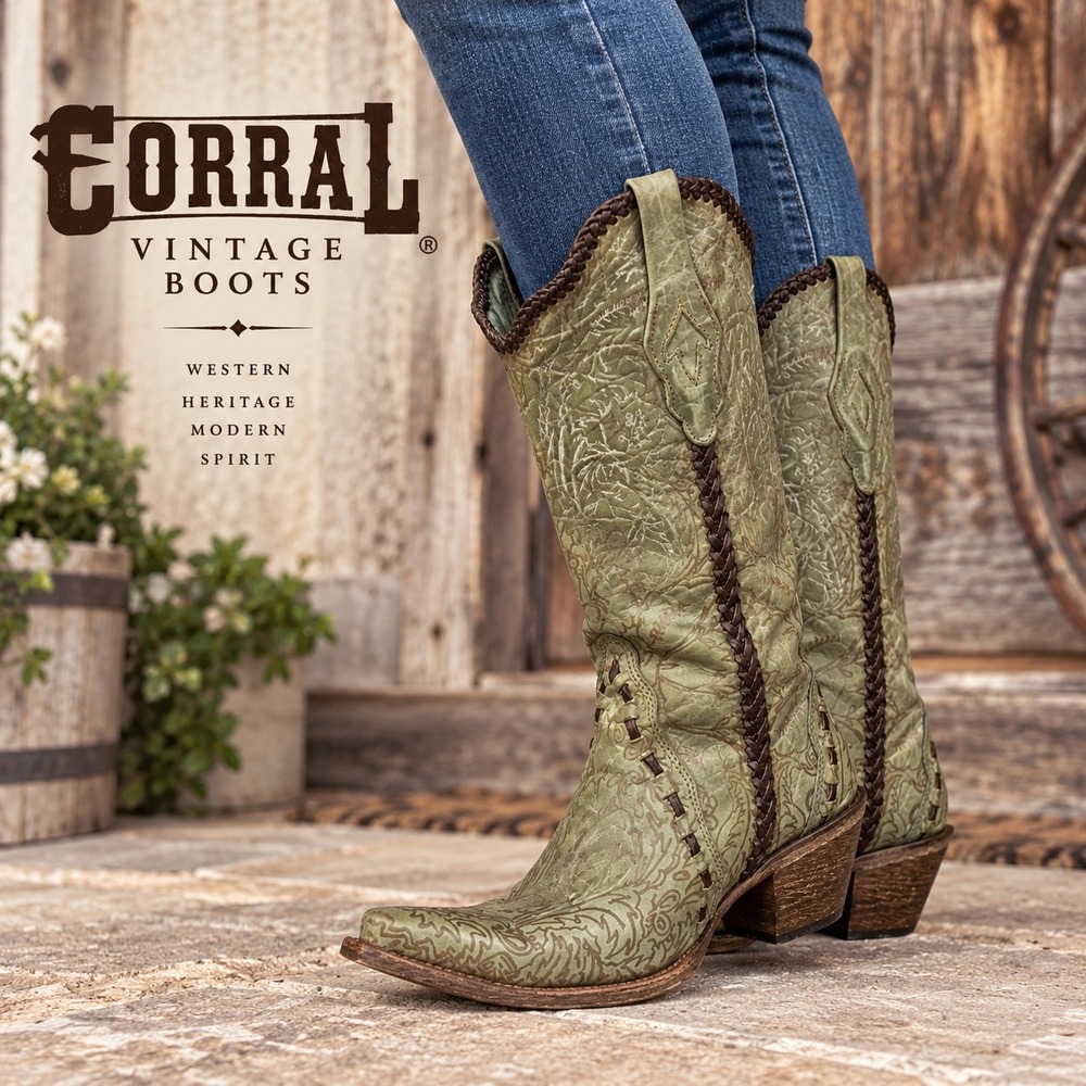 Corral Womens Size 8 Sage Green Floral Leather Snip Toe Western Cowgirl Boots